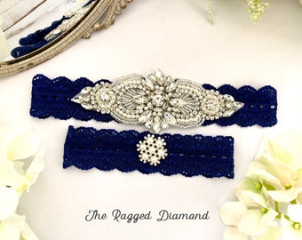 Wedding garter Set, No Slip Garters, Navy Bridal Garter, Vintage pearls and  rhinestones