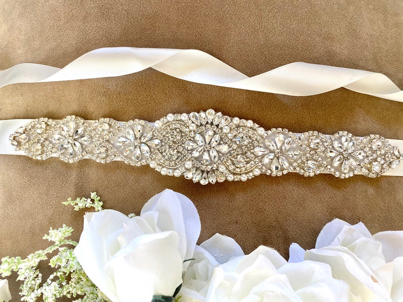 Crystal wedding sash, Crystal bridal sash, crystal sash belt, ivory wedding sash, ivory bridal sash, ivory sash belt, crystal wedding belt image 2