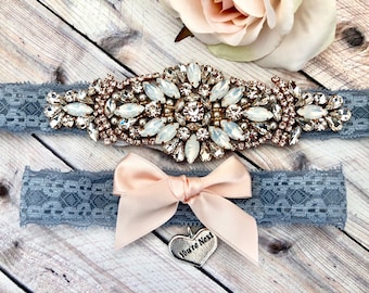 Rose Gold Wedding Garter, No Slip Lace Wedding Garter Set, Vintage Rhinestones and Opals, Dusty Blue Bridal Garter Set Steel Blue - 3101-BL