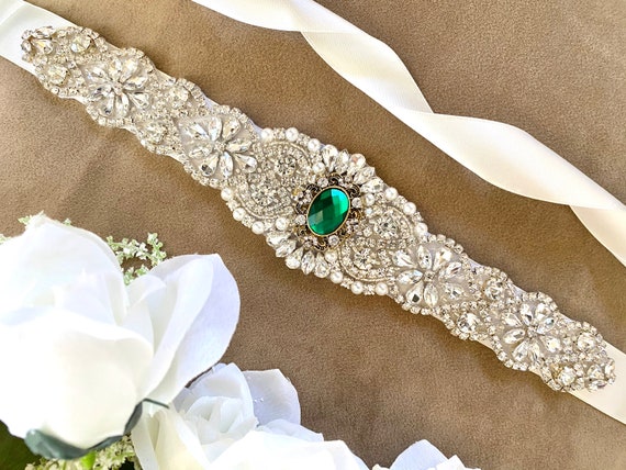 Emerald Bridal Sash, Dazzling Wedding Belt Thin, Regal  display picture 1