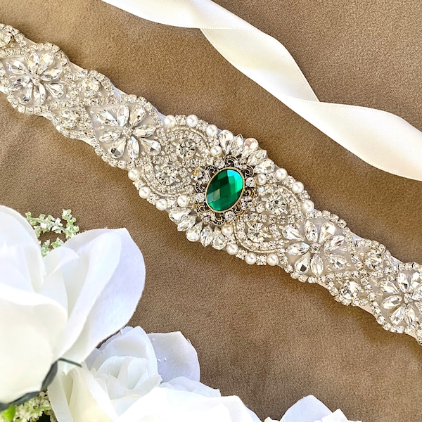 Emerald Bridal Sash, Dazzling Wedding Belt Thin, Regal Bridal Sash Belt, Rhinestone Wedding Belt, Wedding Dress Sash, Emerald Green Wedding