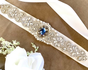 Elegant Blue Bridal Sash, Regal wedding belt, Vintage Sash, Something blue, Pearl and Rhinestone sash belt narrow