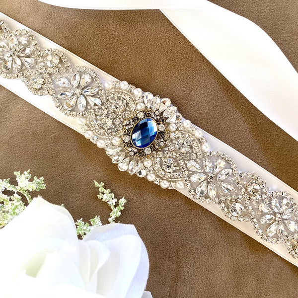 Elegant Blue Bridal Sash, Regal wedding belt, Vintage Sash, Something blue, Pearl and Rhinestone sash belt narrow