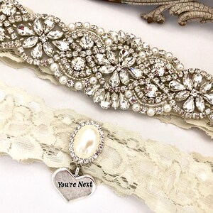 Lace Wedding Garter, Bridal Garter NO SLIP, Pearl and Rhinestone Garter Set, You&#39;re Next Garter - 1802-I