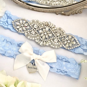 Conjunto de liga de casamento algo ligas azuis, conjunto de liga antiderrapante, conjunto de liga de noiva de renda azul