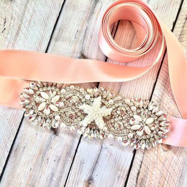 Beach Flower girl sash, Starfish Sash, Beach Bridal Sash, Beach Bridesmaids sash, Starfish flower girl Sash, Coral Sash, Coral Sash belt