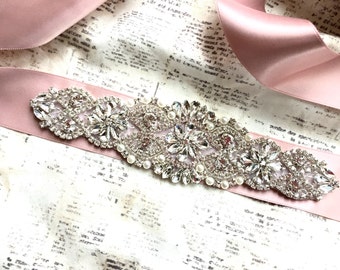 Wedding Sash Belt with Rhinestones, Wedding Belt with Pearls, Pearl Sash Belt, Beaded Bridal Belt, Dusty Rose Wedding Belt