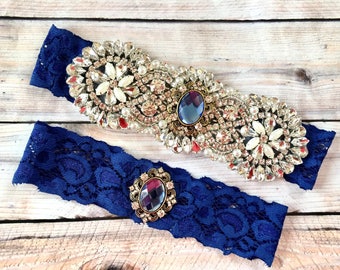 Vintage something blue garter set, navy garter set, rhinestone garter, blue wedding garter, royal blue garter, no slip garter -TRD103