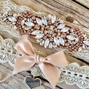 Rose Gold Wedding Garter, No Slip Lace Wedding Garter Set, Vintage Rhinestones and Opals, Bridal Garter Set - 3101-VI