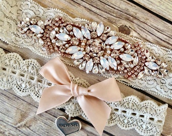 Rose Gold Wedding Garter, No Slip Lace Wedding Garter Set, Vintage Rhinestones and Opals, Bridal Garter Set - 3101-VI