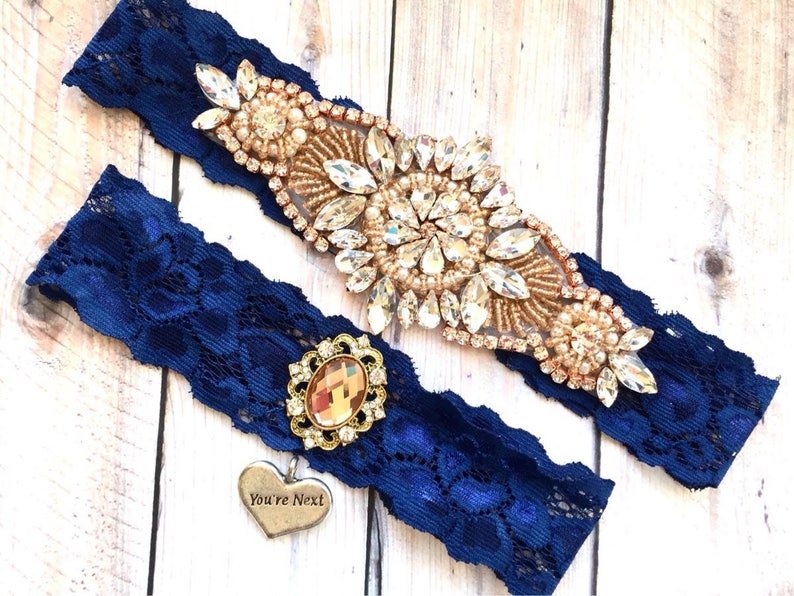 Rose Gold Bridal Garter Rose Gold Garter Rose Gold Garter Set Rose gold and Navy garter set Rose Gold Wedding Garter No Slip Garter Set