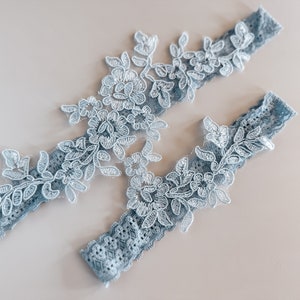 Steel Blue No Slip Garter Set // Dusty Blue Lace Garters // Something Blue Wedding Garter // Blue Garter for Bride // Wedding Accessories image 4