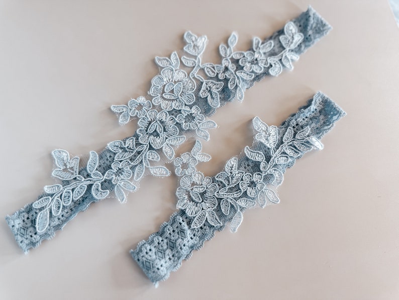 Steel Blue No Slip Garter Set // Dusty Blue Lace Garters // Something Blue Wedding Garter // Blue Garter for Bride // Wedding Accessories image 4