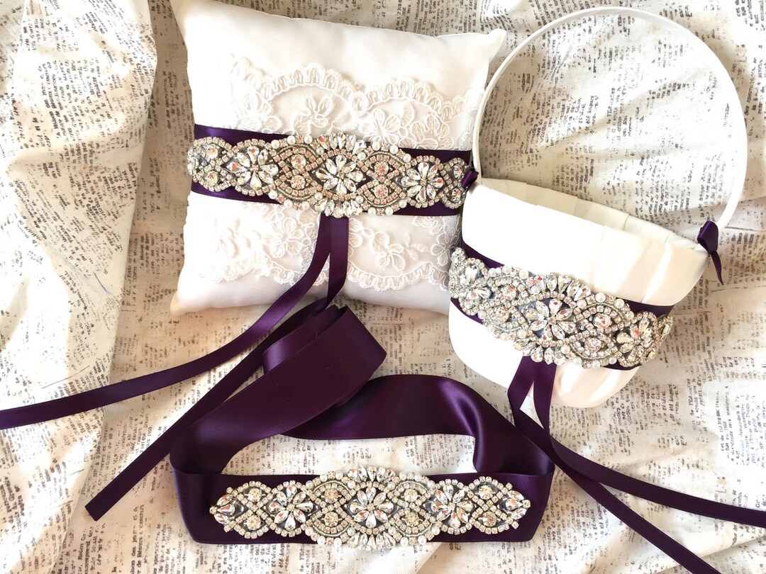 Purple Flower Girl Basket, Purple Ring Pillow, Eggplant Ring Pillow