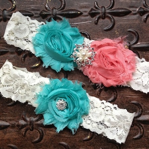 Coral Wedding Garter, Coral Wedding Garter Set, Lace Wedding Garter, Coral Turquoise Garter, Coral Garter, Turquoise Bridal Garter