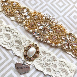 Garters for wedding gold, bridal garter gold, you&#39;re next toss garter, gold crystal wedding garters, wedding garter gold
