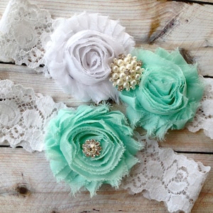 Wedding Garter, Bridal Garter - Mint Wedding Garter, Non skid garter, pearl and crystals, mint chiffon flowers