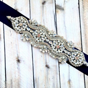 Rhinestone Wedding Sash, Beaded Wedding Sash, Bridal Sash, Rhinestone Belt, Rhinestone Wedding Belt, Navy Blue Sash, Beaded Sash