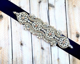 Rhinestone Wedding Sash, Beaded Wedding Sash, Bridal Sash, Rhinestone Belt, Rhinestone Wedding Belt, Navy Blue Sash, Beaded Sash