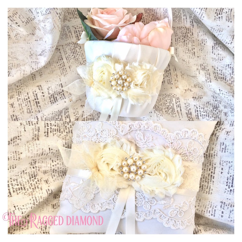 basket and pillow ivory Ivory flower girl basket CUSTOM COLORS basket and pillow flower girl basket vintage flower girl basket ivory