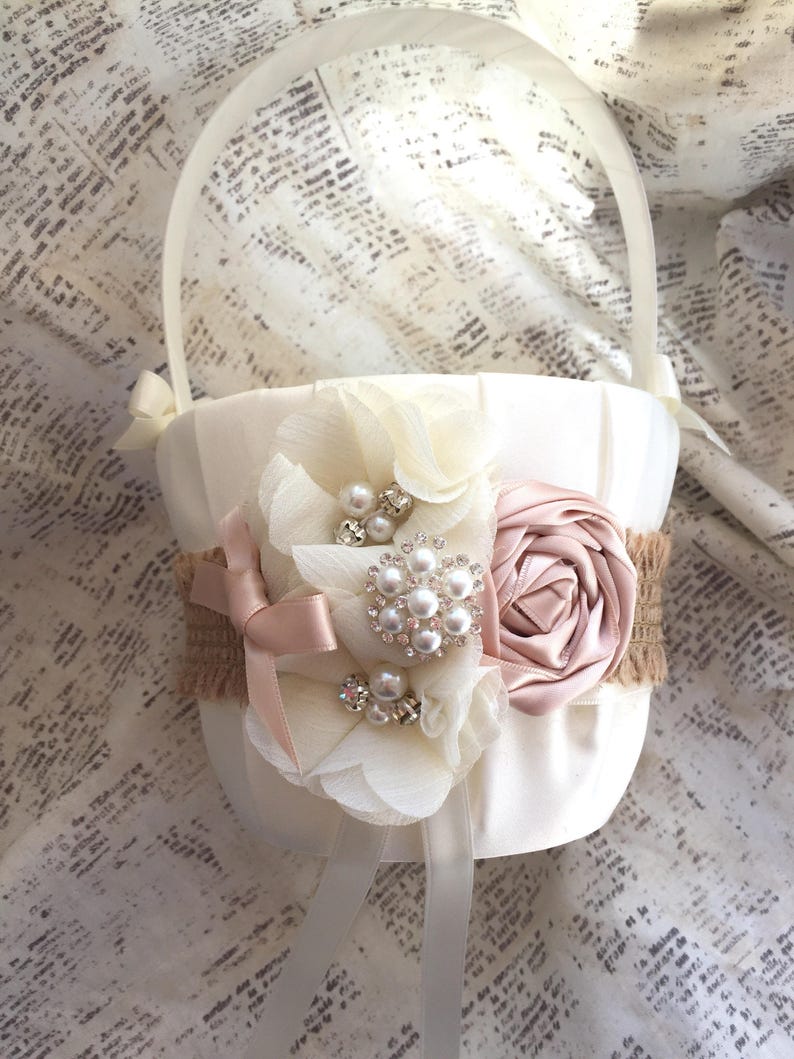 Blush flower girl basket and ring bearer pillow blush basket and pillow set rustic flower girl basket flower girl basket blush