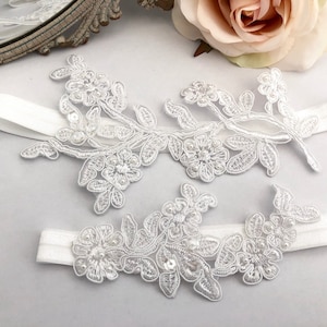 Wedding Garter Set, White Beaded Lace Garter Set, No Slip Garter Set, Bridal Wedding Garter WHITE - 1923-WE