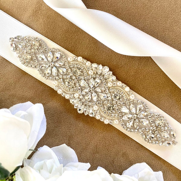 Simple Ivory Bridal Sash, Bridesmaids Sash, Rhinestone wedding belt, wedding dress sash, vintage pearls and rhinestones