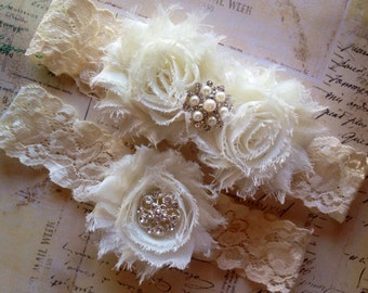 Country Chic Wedding Garter, Vintage Bridal Garter, No Slip Garters, Ivory Wedding Garter, Vintage Pearls and Crystals -2065-I