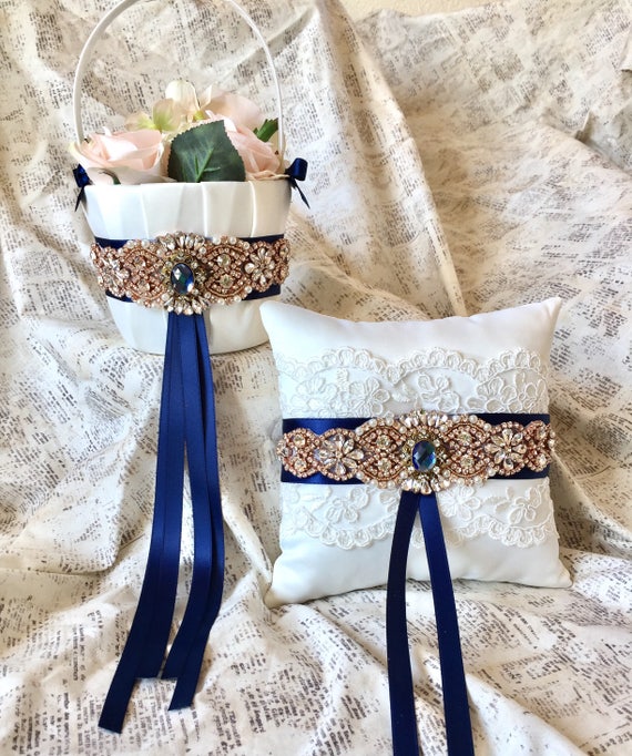 Navy Blue And Rose Gold Ring Pillow Rose Gold Ring Bearer Etsy