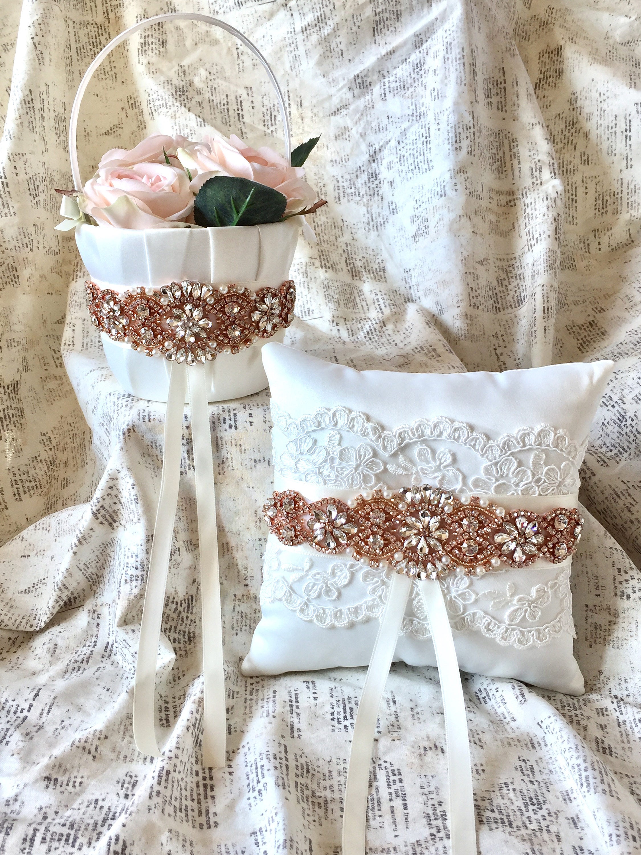 Rose gold flower girl basket and ring bearer pillow blush Etsy