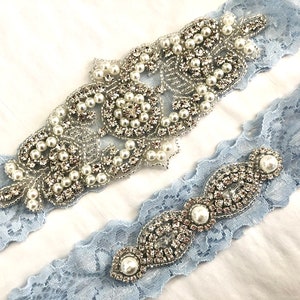 Non Slip Wedding Garter Set, Something Blue Garter, Blue garter Set, Blue Floral Lace, Bridal Garter Set, Vintage Crystals & Pearls
