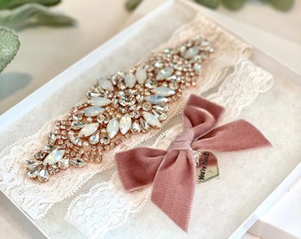 Velvet Wedding Garter for Bride, No Slip Lace Wedding Garter Set, Vintage Rhinestones and Opals, Boho Bridal Garter Set - 3101-Velvet