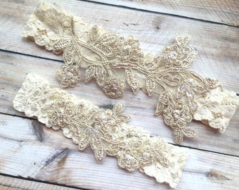 Wedding Garter, Wedding Garter Set, Bridal Garter, Gold Wedding Garter, Lace Wedding Garter, Wedding Garter Gold, Lace Garter, Ivory Garter