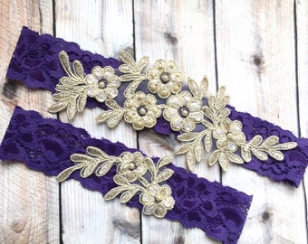 Purple and gold garter set, Dark purple wedding garter, purple lace garter, purpe lace wedding garter, bridal garter purple