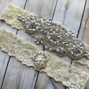 Pearl Ivory Wedding Garter, No Slip Grip, Lace Wedding Garter Set, Bridal Garter Set, Pearl Garter Set 1807-IF image 2