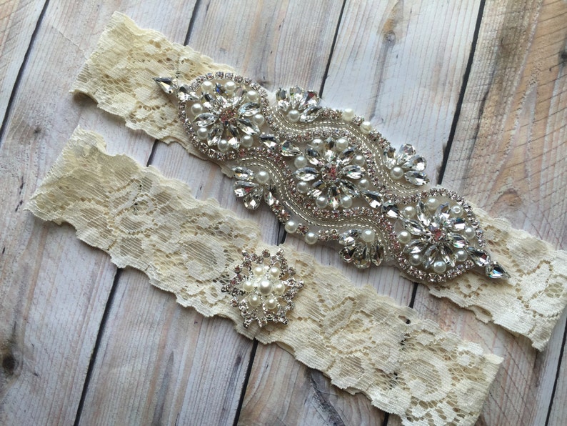 Pearl Ivory Wedding Garter, No Slip Grip, Lace Wedding Garter Set, Bridal Garter Set, Pearl Garter Set 1807-IF image 2