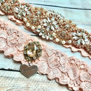 Wedding garter rose gold, vintage rose gold bridal garter, non slip garter set, rose gold crystals