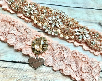 Wedding garter rose gold, vintage rose gold bridal garter, non slip garter set, rose gold crystals