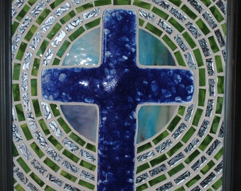 Fused Azul Vidrio Cruz Mosaic Pared Hanging