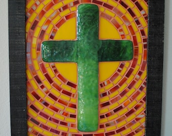 Fused Verde Vidrio Cruz Mosaic Pared Hanging