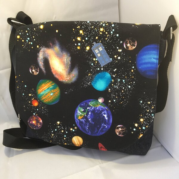 Galaxy denim messenger bag with Timeless Treasures Space flap and Police Box fully lined in starry cotton