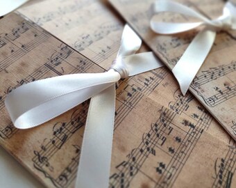 Vintage Sheet Music Wedding Invitation with Ribbon – Elegant Gatefold Design – Handmade Musical Wedding Stationery &quot;Claudia&quot;