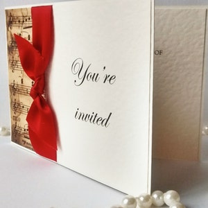 Music Sheet Wedding Invitation – Elegant Red Ribbon Card – Vintage Musical Themed Wedding Stationery – Formal Invite for Classical Wedding