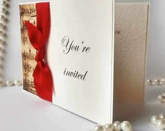Music Sheet Wedding Invitation – Elegant Red Ribbon Card – Vintage Musical Themed Wedding Stationery – Formal Invite for Classical Wedding