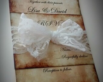 Vintage wedding invitation, "Lisa" parchment invitation, old paper wedding invitation, aged effect invitation, lace wedding invitation,