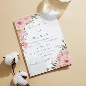 Blush Floral Wedding Invitation Template | Editable Canva Download | Pink Watercolor Flowers | Digital Invite | Printable Wedding Card