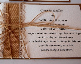 Rustic wedding party invitation, "Carrie" jute