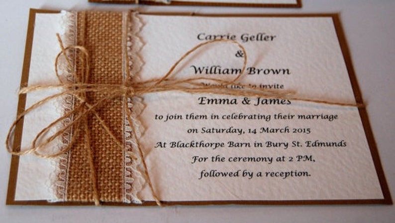 Rustic wedding party invitation, Carrie jute image 1