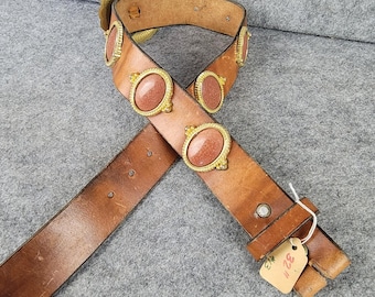 Jacobs Leather Vintage Brown Belt Goldstone Cabochon Concho Plantsville CT 32
