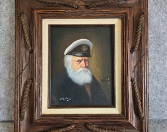 Cuadro al óleo vintage de Pelham, estilo capitán de mar, retrato náutico, marco de madera y cuerda, 16x18 pulgadas.